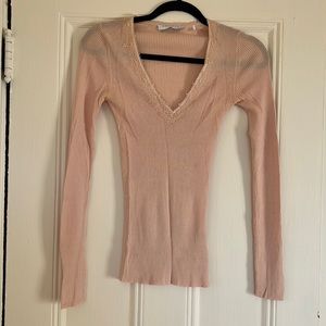 Sandro Pink V Neck Top with Lace Detail - 1